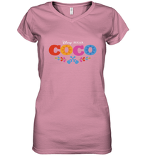 Load image into Gallery viewer, Disney Pixar Coco Movie Logo Colorful Women's V-Neck T-Shirt
