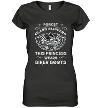Load image into Gallery viewer, Forget glass slippers this princess wears biker boots Women's V-Neck T-Shirt
