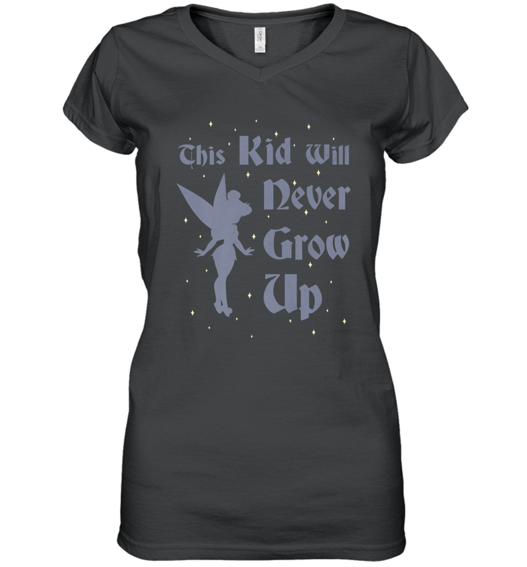 Disney Peter Pan Tinkerbell Never Grow Up Women's V-Neck T-Shirt