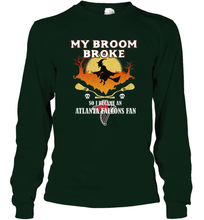 Load image into Gallery viewer, Broom Broke So I Became An Atlanta Falcons Fan  NFL Halloween Costume Long Sleeve T-Shirt
